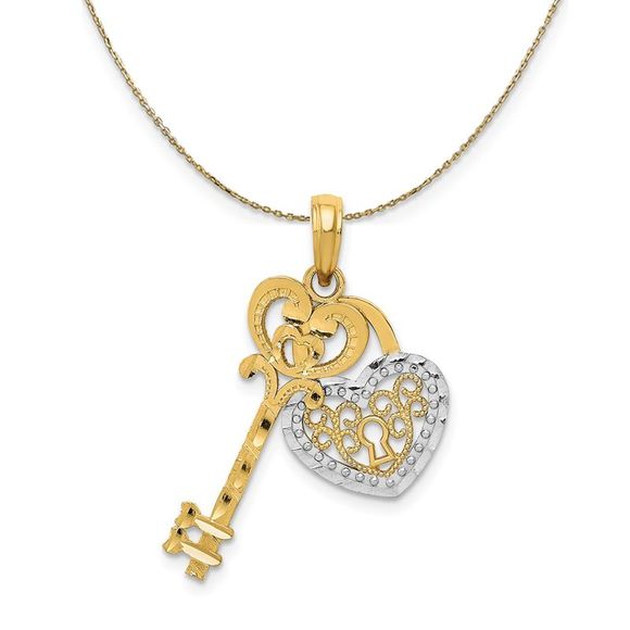 14k Yellow Gold & Rhodium Key and Heart Lock Necklace - 20...